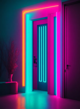 3d rendering of an illuminated door with neon lights in a dark roomの素材