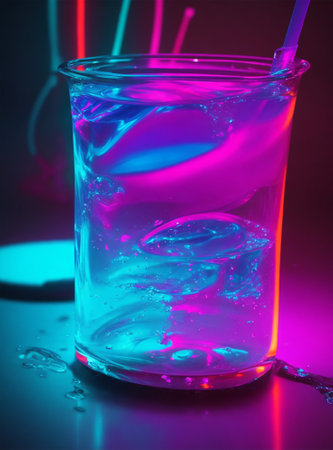 colorful cocktail with ice cubes on a dark background, close-upの素材