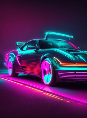 3D rendering of a retro car in neon light on a dark backgroundの素材