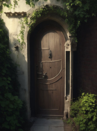 Wooden door in the garden with ivy and green leaves.の素材
