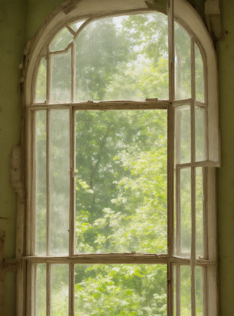 Old wooden window in the green forest on a sunny summer day.の素材