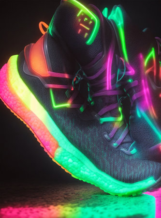 Sneakers with neon light. 3D rendering. Neon light.の素材
