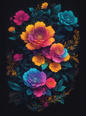 Beautiful colorful flowers on black background. Floral background for your designの素材