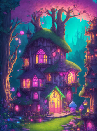 Fantasy fairy tale house in the forest. Digital painting illustration.の素材
