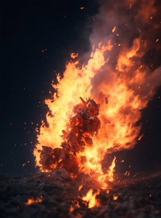 Fantasy scene with knight in armor on fire. 3d renderingの素材