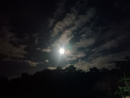 The moon in the night sky. The moon shines through the clouds.の写真素材