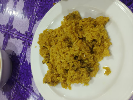 Pilaf with chicken meat and rice on a white plate.の写真素材