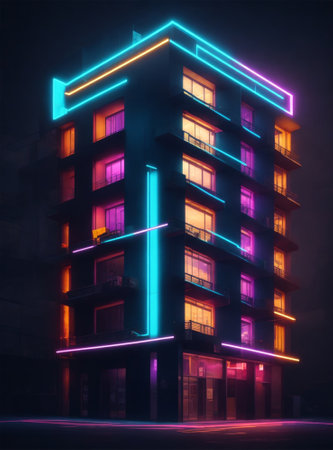 3d render of modern apartment building with neon lights on the facadeの素材