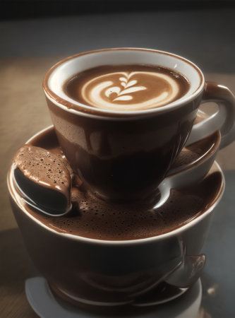 cup of coffee with latte art on wooden table in coffee shopの素材