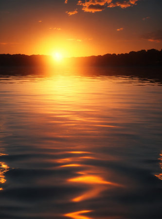 Beautiful sunset on the river. The sun is reflected in the water.の素材