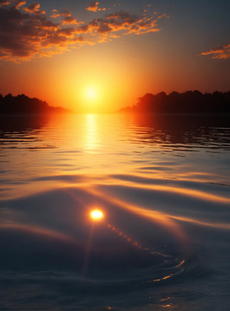 Beautiful sunset over the lake with reflection in water. Nature composition.の素材