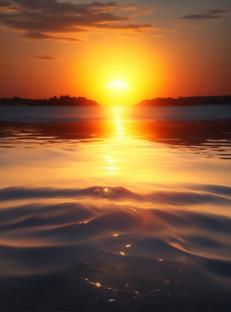 Beautiful sunset over the sea. Sunrise over the sea. The sun is reflected in the water.の素材