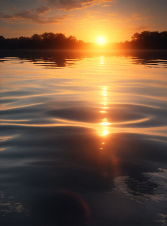 Sunset on the lake with reflection in water. Nature composition.の素材