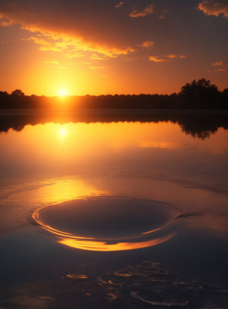 Sunset on the lake. The sun is reflected in the water.の素材