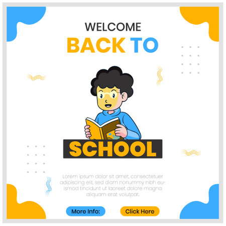 Welcome back to school poster with cartoon boy reading a book vector illustrationのイラスト素材