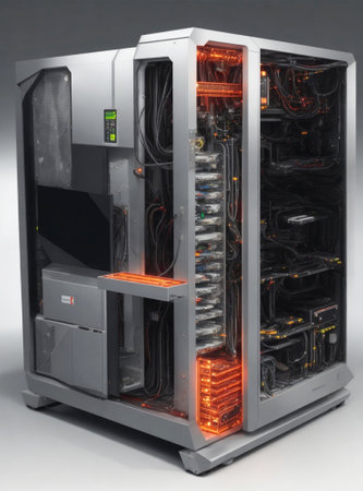 Data center with server racks and network cables. 3D rendering.の素材