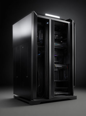 3d render of a server room with a black back panel.の素材