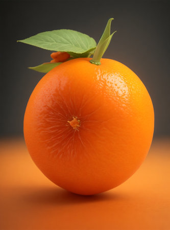 Orange fruit with green leaf on orange background. Shallow DOFの素材