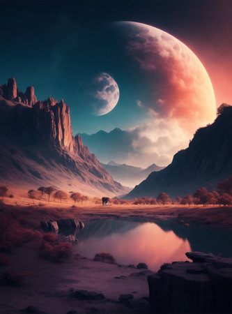 Fantasy landscape. Moon and mountains. 3d render illustration.の素材