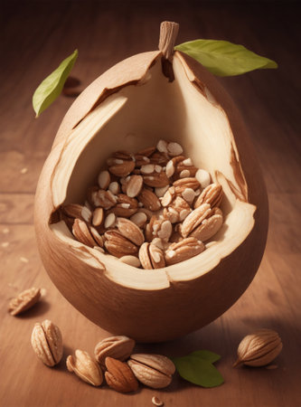 peeled almonds in a shell on a wooden background. tintedの素材