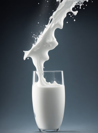 milk splashing out of a glass on a dark background.の素材