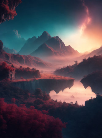 Fantasy landscape with lake and mountains in the mist. 3d renderの素材