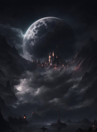Fantasy landscape with a full moon in the night sky. 3d illustrationの素材