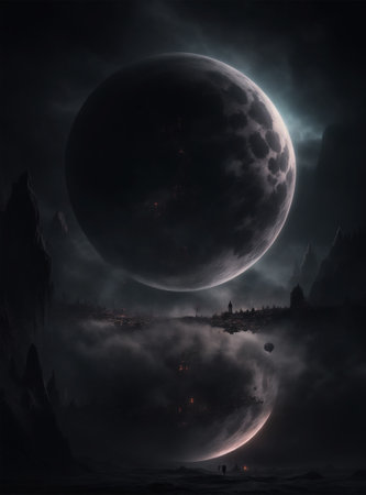 Fantasy landscape with full moon and foggy sky. 3D renderingの素材
