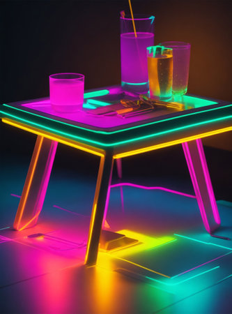 3d rendering of a table with a laptop and two glasses of juiceの素材