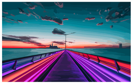 Vector illustration of the bridge over the sea at sunset. The silhouette of the bridge against the background of the sky.のイラスト素材