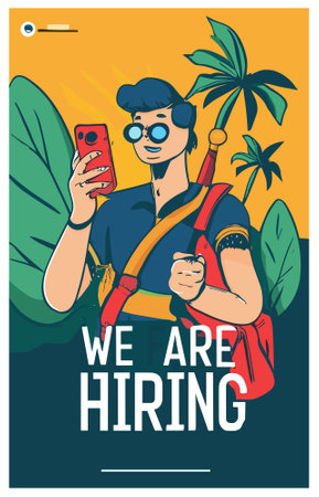 Hitchhiking poster with young man taking selfie. Vector illustration