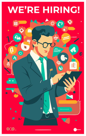 We are hiring concept. Businessman looking at his phone screen. Vector illustrationのイラスト素材
