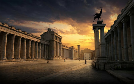 Panoramic view of Trajan's Column at sunset, Rome, Italyの素材