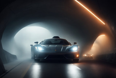 Car in a tunnel with lights and fog. Car on the road.の素材