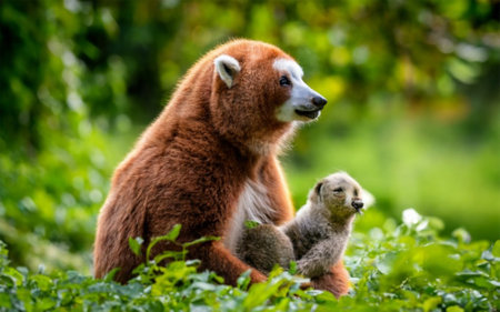 Red panda bear (Ailurus fuliginosus) mother with her babyの素材