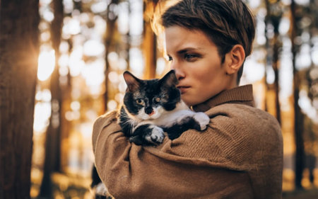 Young woman holding cat in her arms in the autumn park. Soft focus.の素材