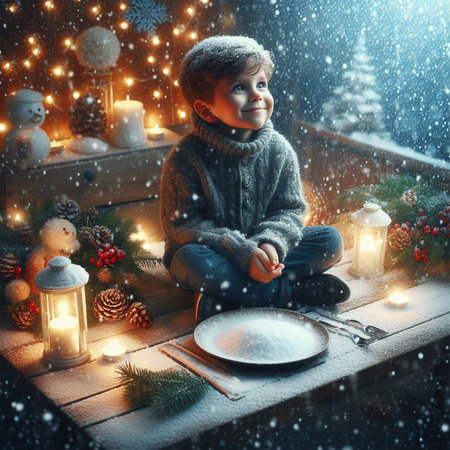 Cute little boy sitting at the table with christmas decorations.の素材