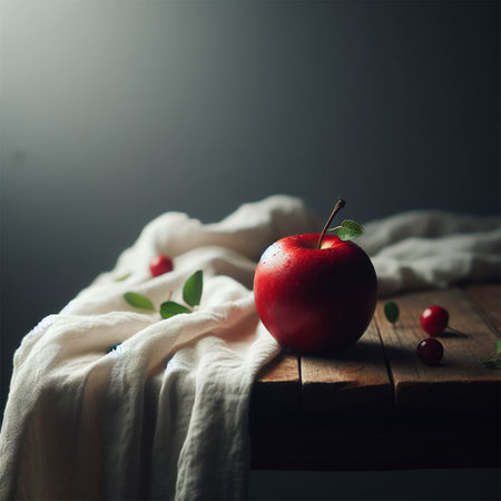 Still life with red apple and berries on wooden table. Selective focus.の素材