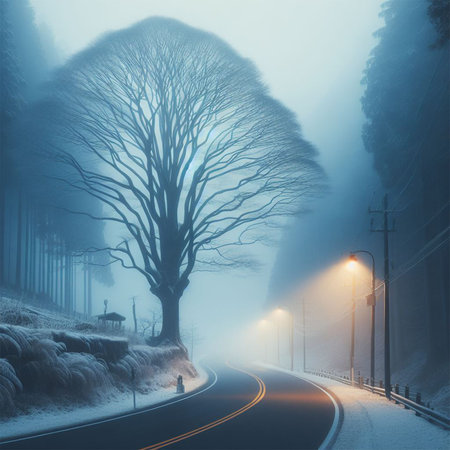 Foggy winter road with trees and lanterns. 3d renderingの素材