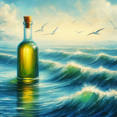 Bottle of wine on the background of the sea and seagullsの素材