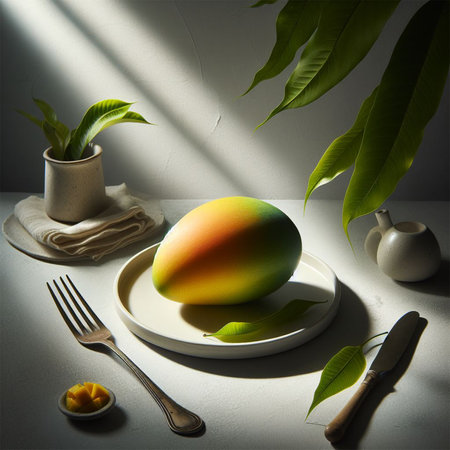 Mango fruit on a white plate with cutlery and green leavesの素材