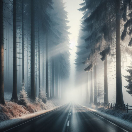 Foggy road in the winter forest. 3D illustration.の素材