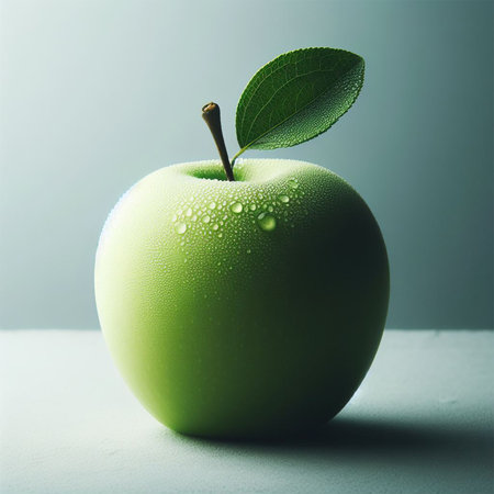 Green apple with water drops on a gray background. Shallow depth of fieldの素材