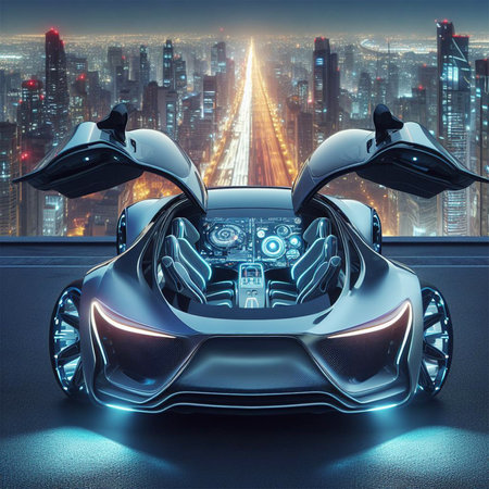 3D rendering of a futuristic concept car in the city at nightの素材