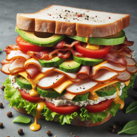 Sandwich with ham, cheese, tomato, cucumber and lettuceの素材