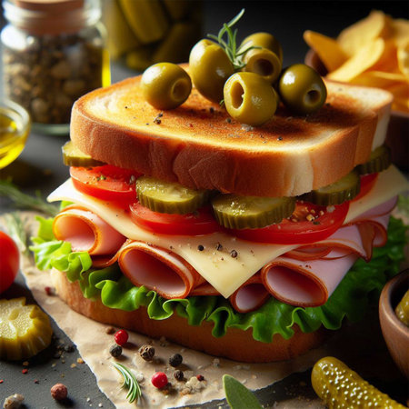 Sandwich with ham, cheese, tomato, cucumber and olivesの素材