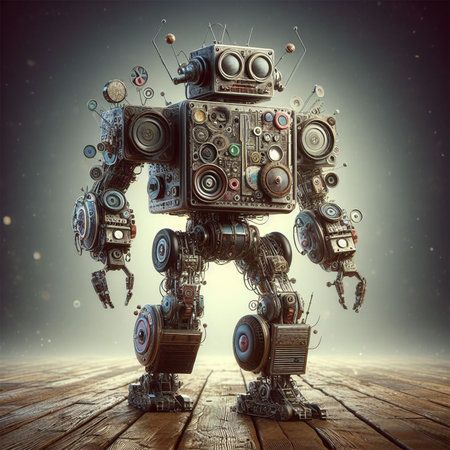 Futuristic robot standing on wooden planks. 3d renderingの素材