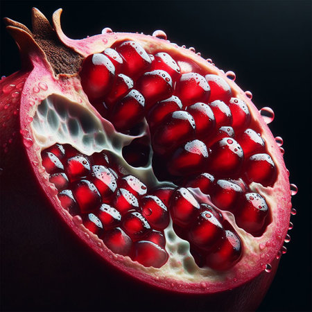 Pomegranate fruit with drops of water on a black backgroundの素材