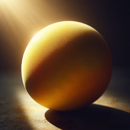 abstract yellow ball on dark background with rays of light and shadowの素材