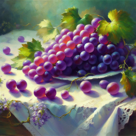 Still life with bunch of grapes on a white tablecloth, oil paintingの素材